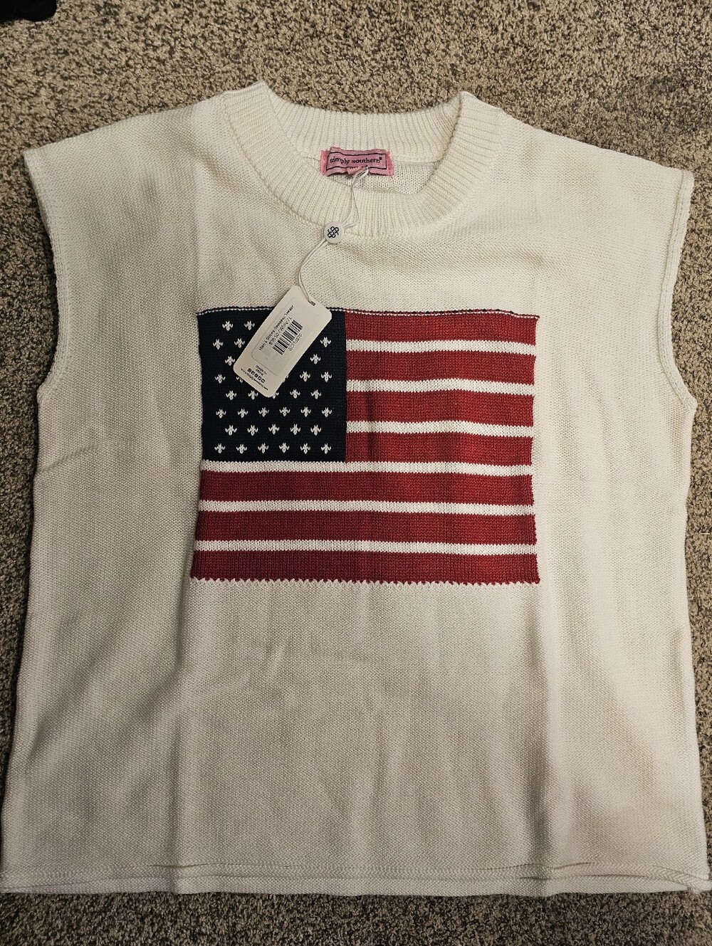 Simply Southern White Sleeveless Crewneck Sweater with Red and Blue Flag